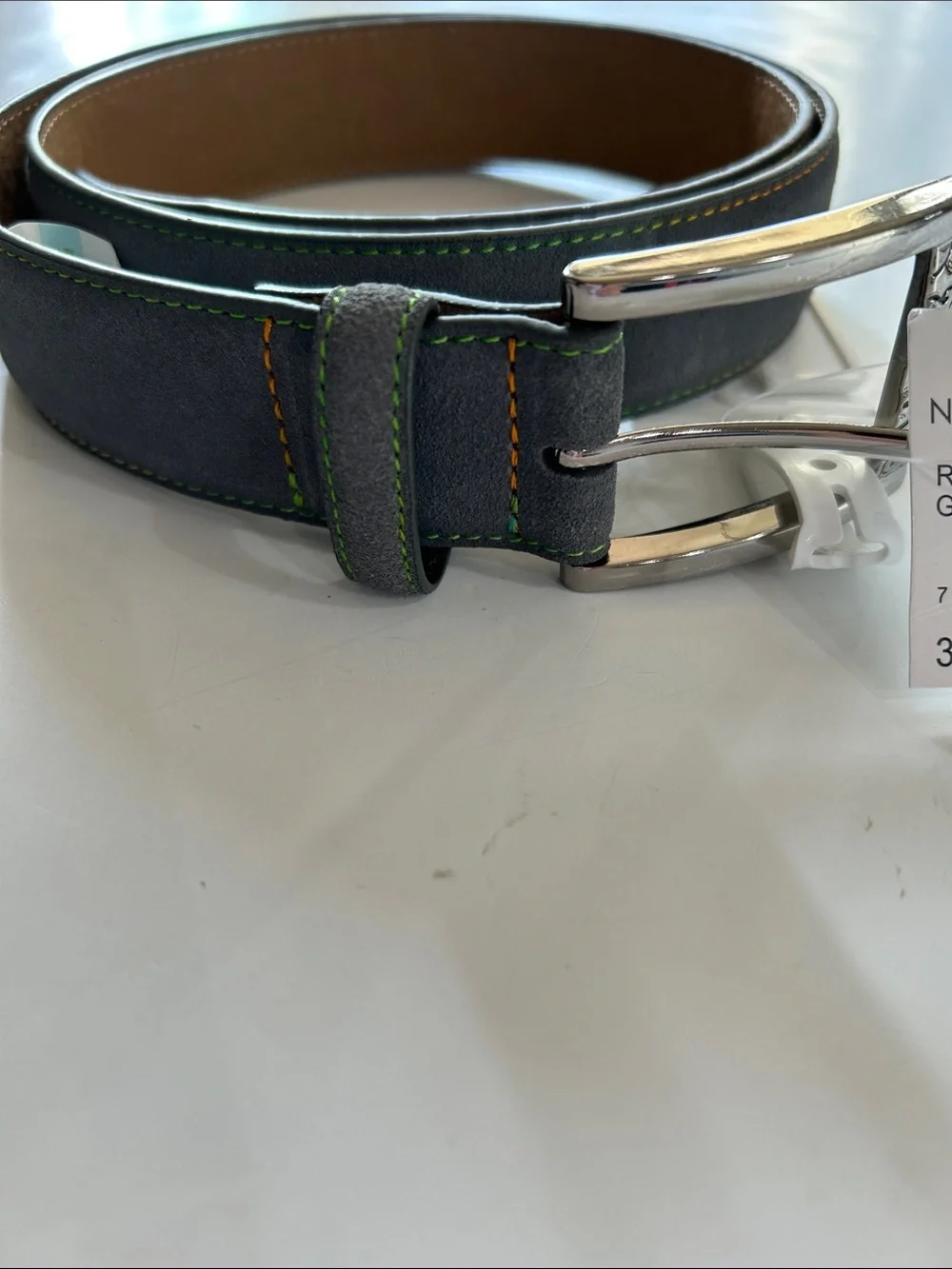Robert Graham Gray Leather Suede Belt with Green & Orange Stitching sz 34